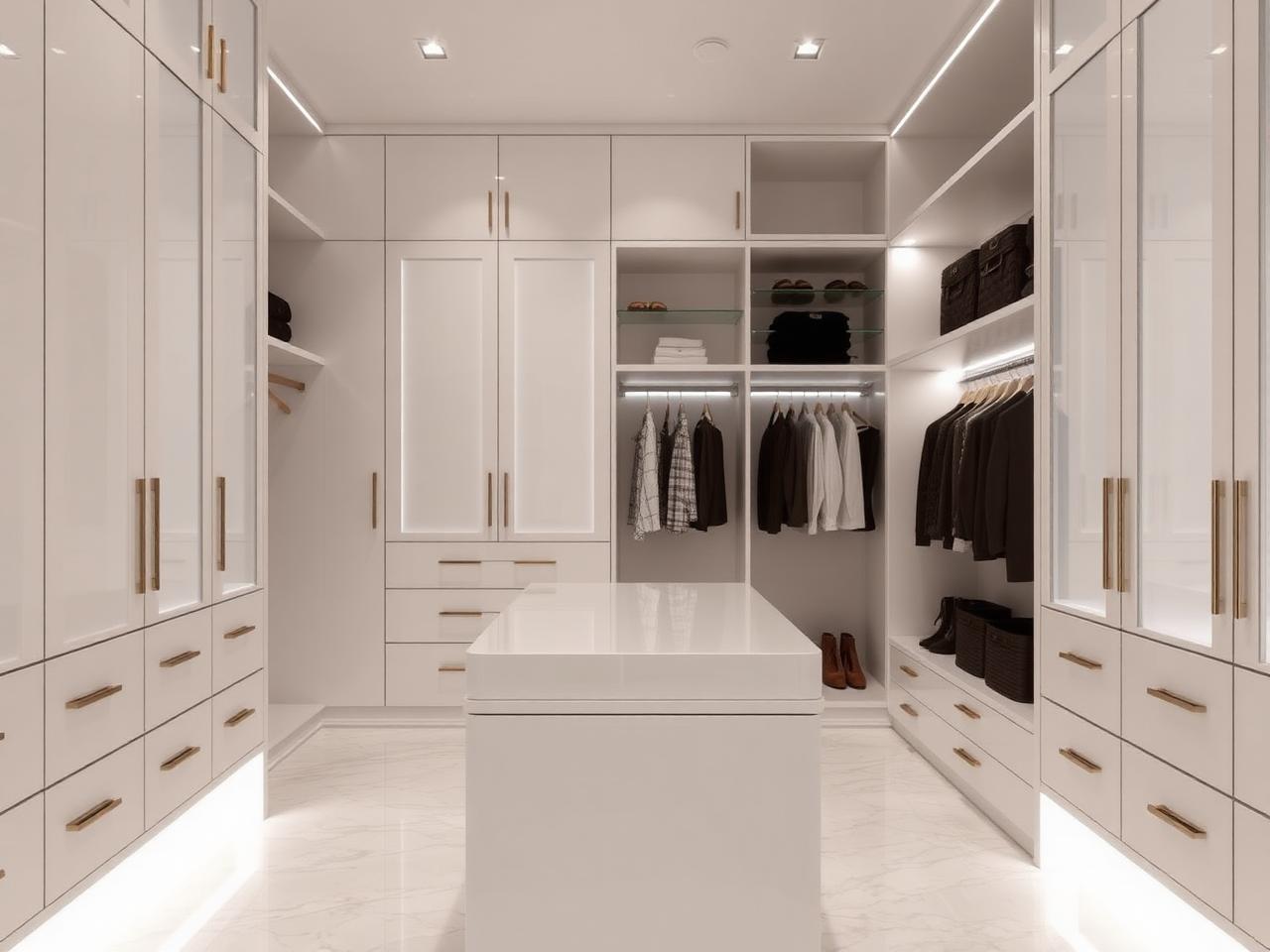 Modern white walk-in closet with central island