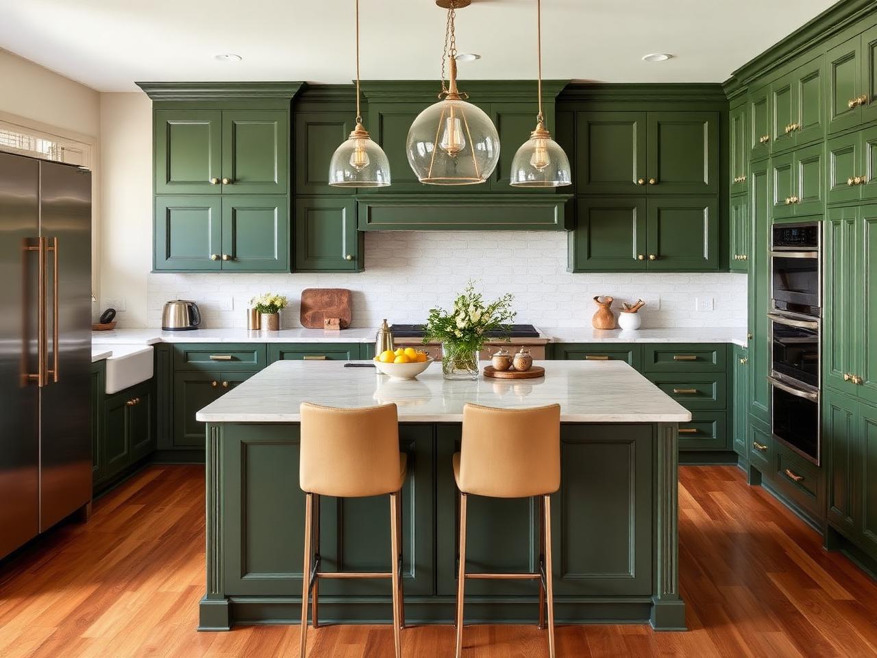 Contemporary green kitchen with brass hardware