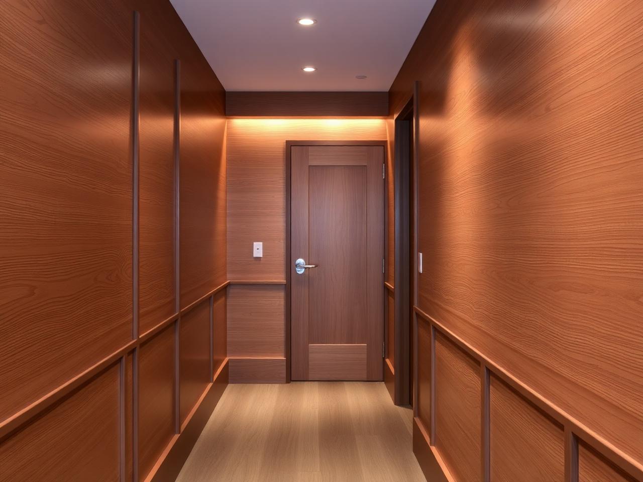 Custom wood paneled hallway with hidden door