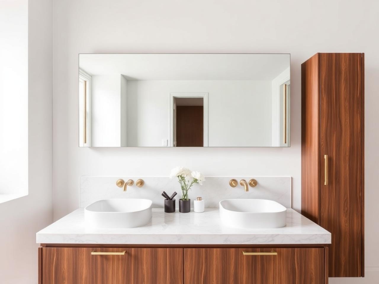 Floating walnut bathroom vanity