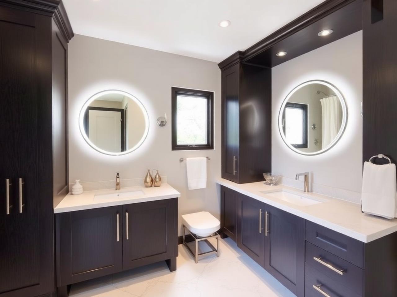 Dark double vanity with backlit round mirrors